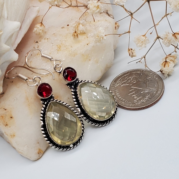 Genuine Stone Lemon Quartz Cherry Quartz Earrings - Picture 2 of 6